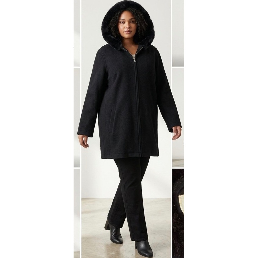 VTG Jones New York Sport Black Wool Hooded Coat Jacket 2X Faux Fur Trim Thick